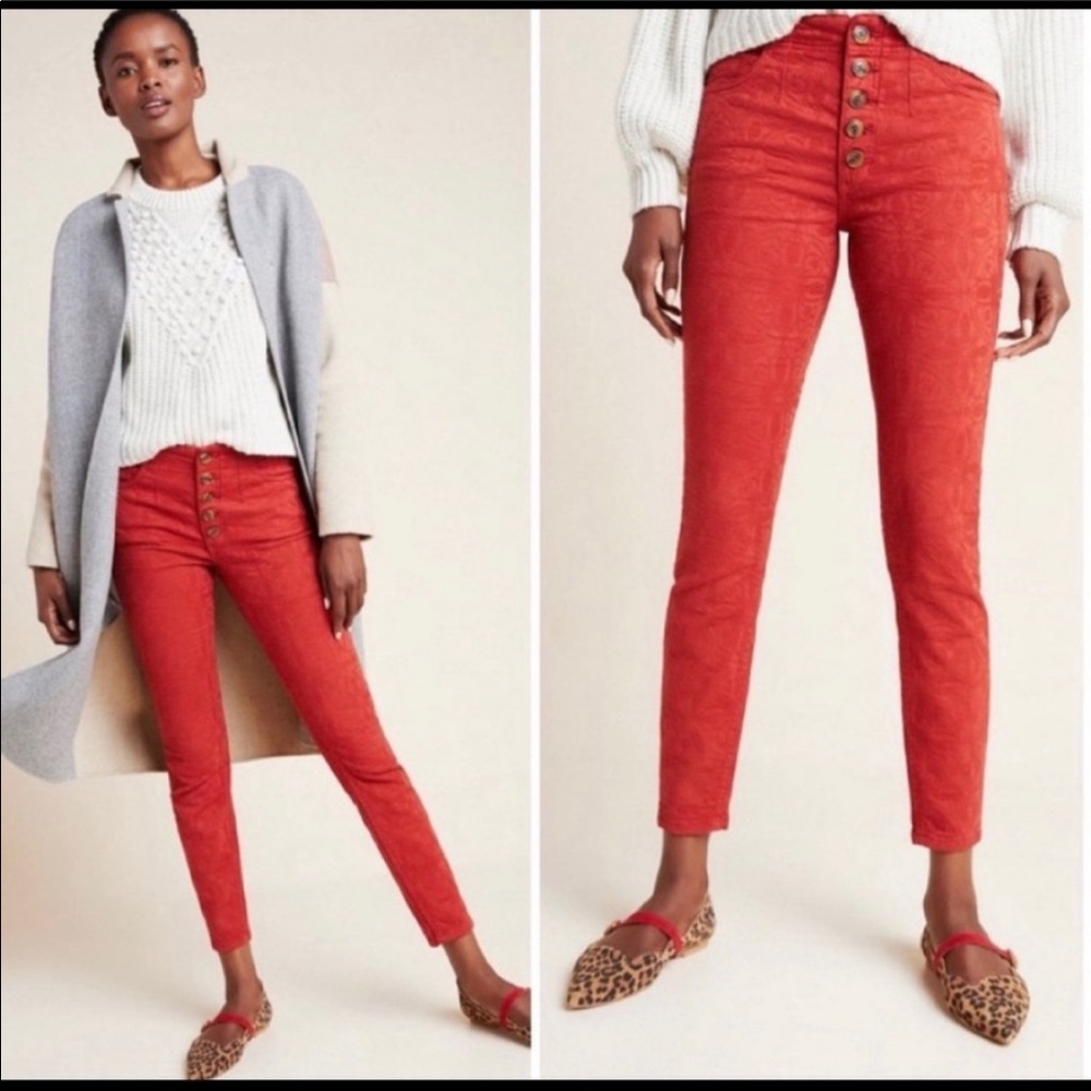 Anthropologie embroidered flower high waisted button up pants, size 25. Like new